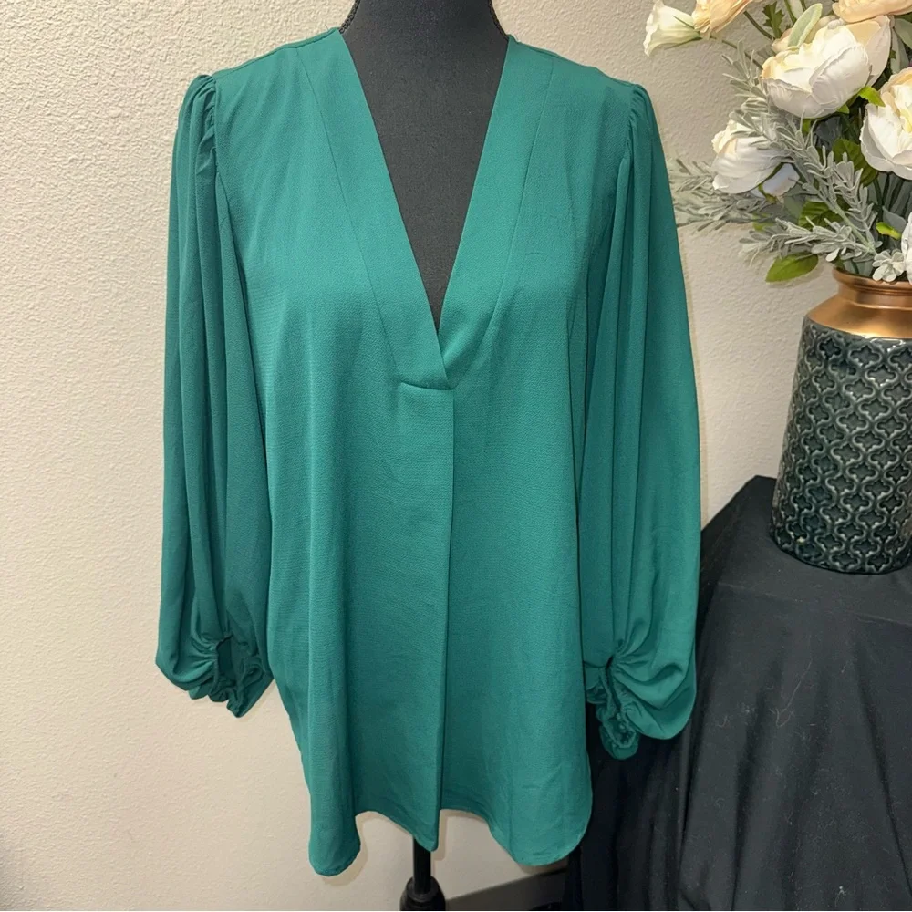 NWT JODIFL Teal V-Neck Blouse Balloon Sleeves Flowy Boho Chic - Picture 1 of 9